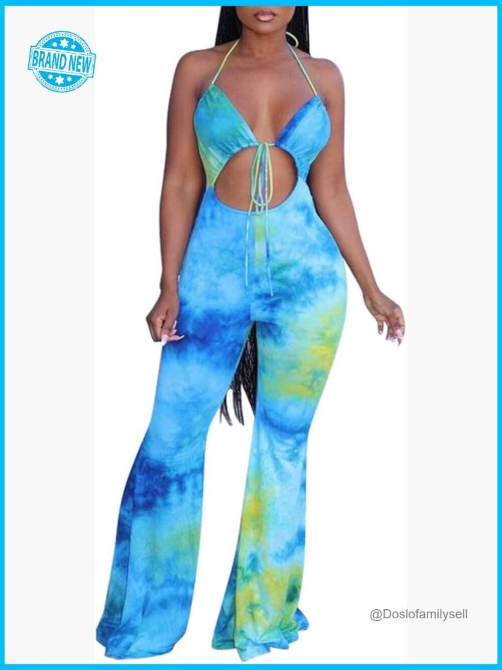 Spaghetti Strap Tie Dye Cut Out Bodycon Bell Flare Pants Jumpsuit Romper One